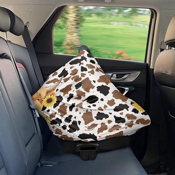 Wanyint Nursing Cover Carseat Canopy Cover Adorable Car Seat Covers for Babies Girls Boys Breathable Nursing Cover for Boys Girls Home Decor, Highland Cow Sunflower Brown Cow Print