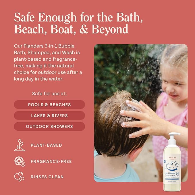 Flanders 3in1 Baby Bubble Bath, Shampoo & Body Wash 15oz Bottles with Pump | Tear-Free, Hypoallergenic Cleanser with Jojoba, Coconut & Argan Oil, Fragrance Free for Sensitive Skin, 2 Pack (30oz Total)