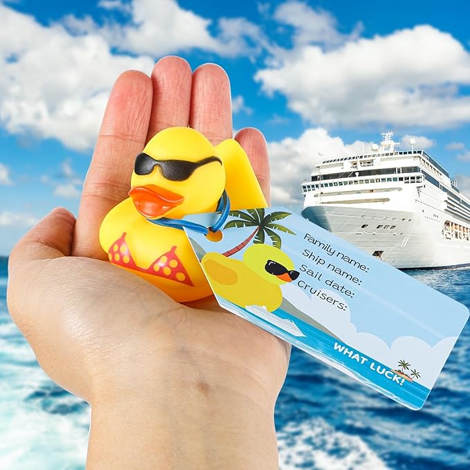 60 PCS Cruise Duck Tags Kits Includes 20 Pcs Cruise Ducks and 20 Pcs Cruise Duck Tags with 20 Pcs Rubber Bands, Cruising Rubber Ducks for Cruise Ship Hiding Ducks