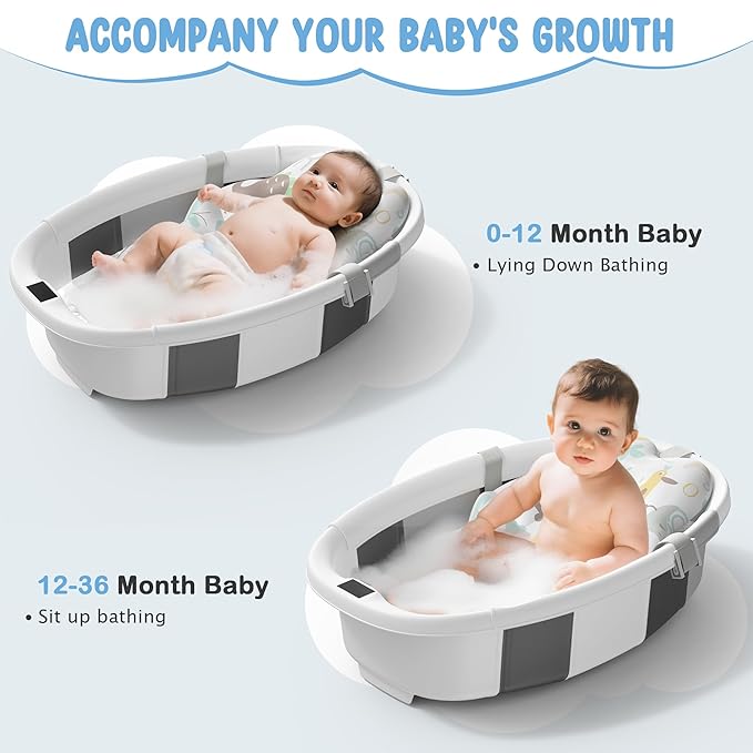 TOSGN Collapsible Baby Bathtub, 3s to Install, Baby Bath Tub with Soft Cushion & Thermometer, 0-36 Months Newborn Bathtub, Portable Travel Baby Tub, Grey