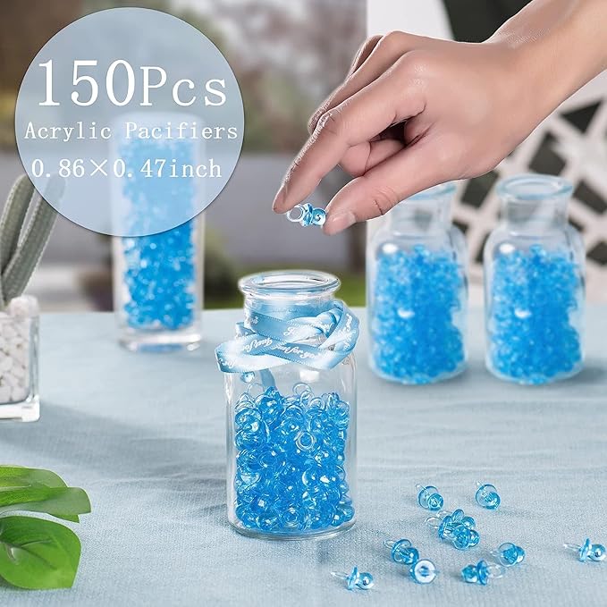 Mini Pacifiers for Baby Shower Game, 150 Plastic Pacifiers for Baby Shower Decoration, Cute Baby Shower Pacifiers, Gender Reveal Party Table Scatter/Hunt Baby Shower Game Props(75 Blue + 75 Pink)