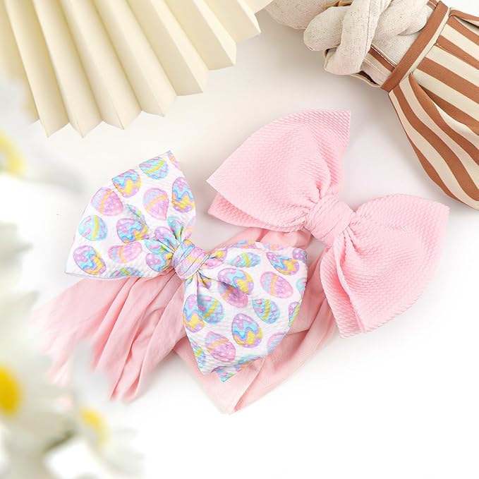 6” Easter Baby Bows Rabbit Egg Bows for Girls Newborn Easter Bunny Ears Hairbands Elastic Nylon Bows Headbands Easter Hair Accessories Pink White Blue