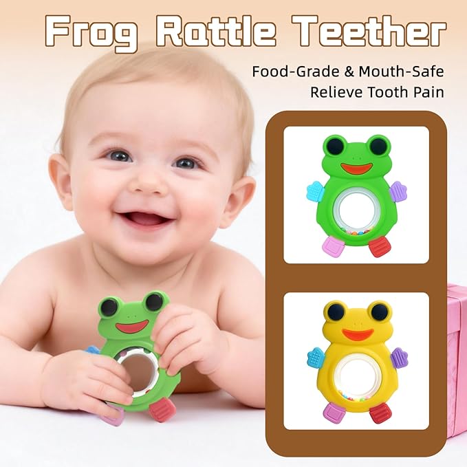 Baby Teething Rings Toys,Over Sized of A Frog Infant Toys Relief Teethers for Babies 3-6-12-18 Months,Sensory Toys Rattle Teether Silicone Teether Relief Chew Soothing,BPA Free