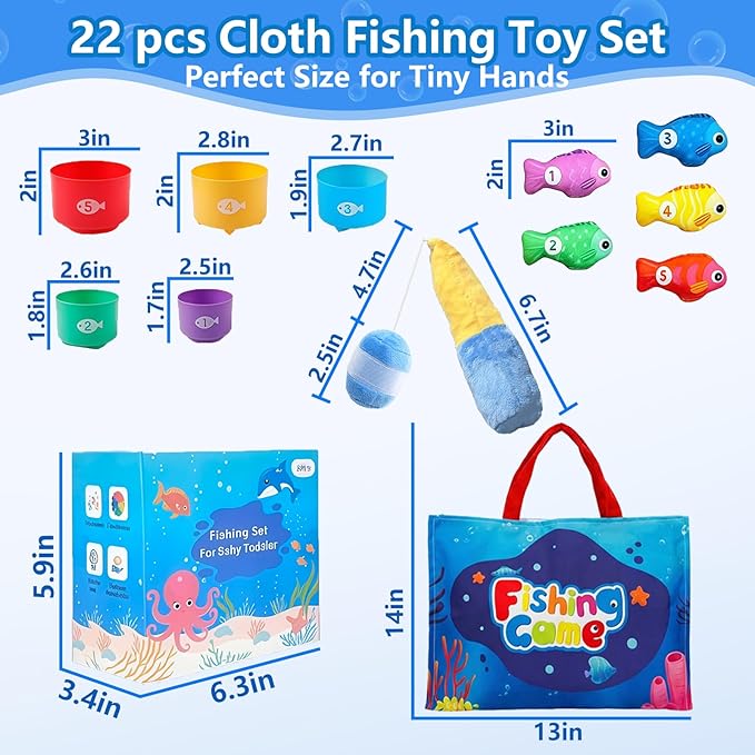 COUOMOXA Montessori Toys for 1 Year Old Baby: 22PCS Cloth Fishing Game with Stacking Cups - 6-12-18 Months Toddler Color Sorting Learning Toy Indoor Outdoor Play for Age 1 2 3 Boy Girl