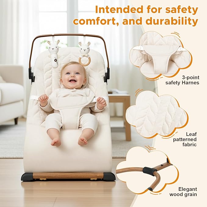Portable Baby Bouncer, Bouncer Seat for Babies 0-12 Months, 3 Recline Positions, Foldable Baby Rocker Chair with Removable Wooden Bar, Beige