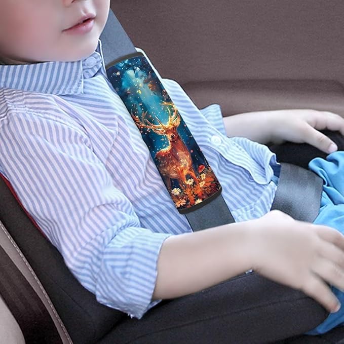 Biyejit Forest Deer Flowers Seat Belt Cushion for Kids, Car Seat Pillow Neck Rest, Travel Pillow for Car Seat, Kids Seatbelt Pillow, Toddler Safety Support Shoulder Flat Pad, Seat Belt Strap Covers