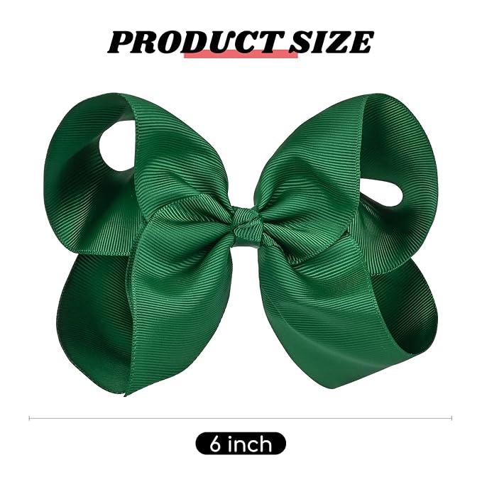 DEEKA 2 PCS 6" Big Hand-made Grosgrain Ribbon Solid Color Hair Bows Alligator Clips Hair Accessories for Little Teen Toddler Girls Kids Set of 2 -Hunter Green