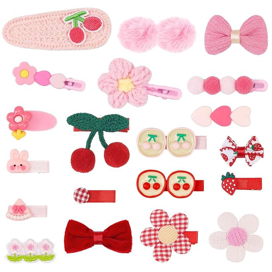 Hair Clips for Girls 20 Pcs Assorted Barrettes for Kids Cheery Bows Heart Pink Red Cute Hair Accessories for Little Girls Teens Toddlers Child Kids Gifts
