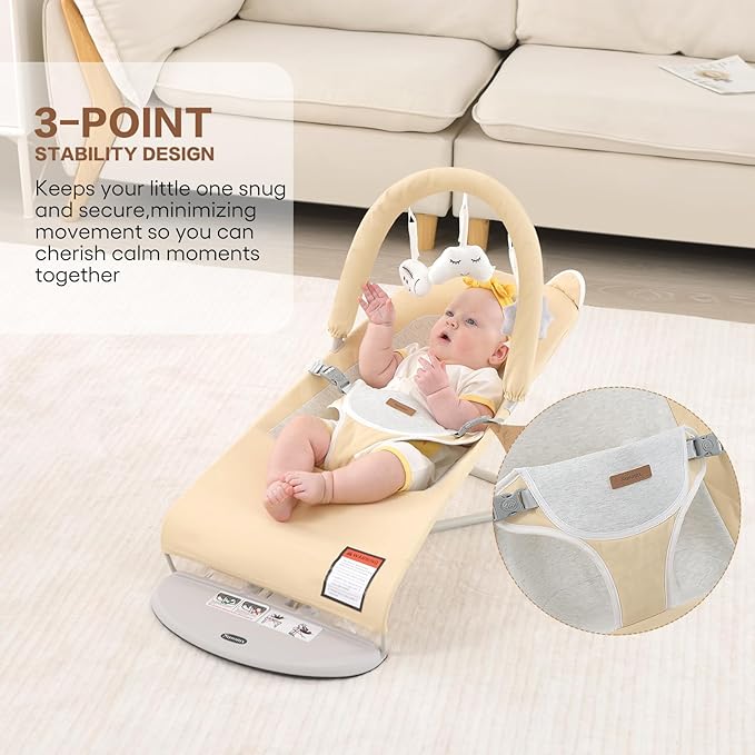 Baby Bouncer, Foldable Infant Bouncer Seat with 3 Adjustable Heights, 0-18 Months, Portable Baby Bouncer with Soft Cotton Fabrics, Lightweight & Easy to Wash