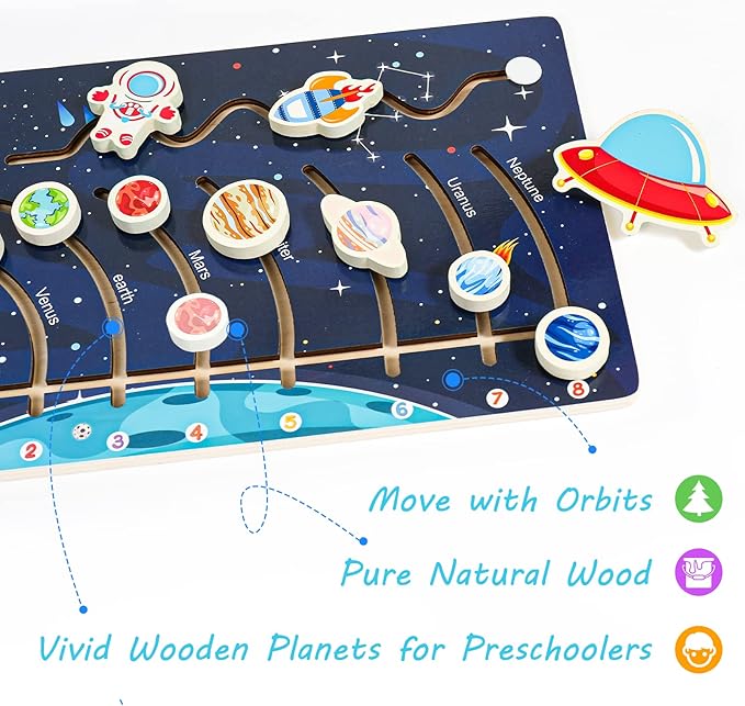 Zeoddler Movable Solar System Puzzle for Kids 3-6, Wooden Space Toys, Planets for Kids Preschool Learning Activities, Gift for Boys, Girls