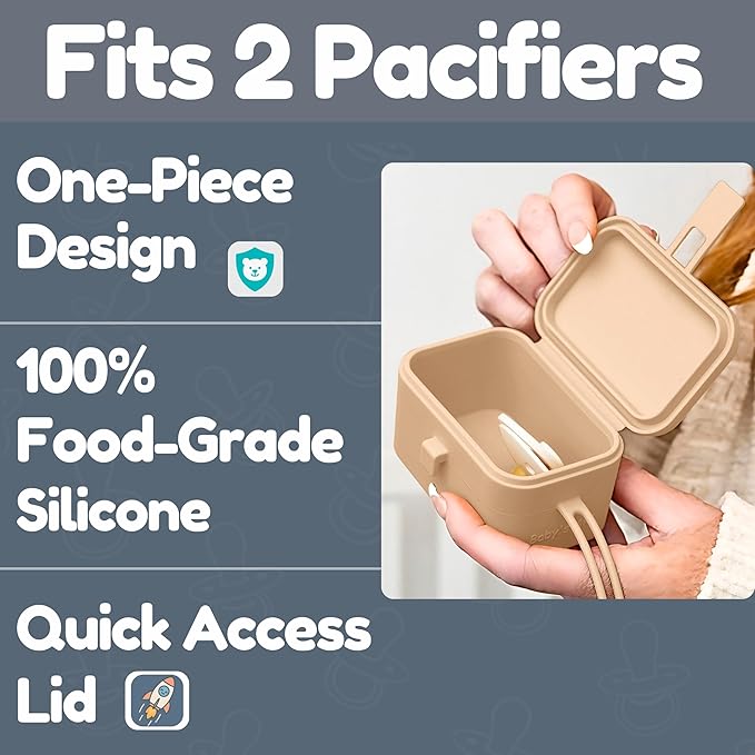 Baby's Aid Silicone Pacifier Case, No Open Slot with Patented Closure, Dishwasher Safe, Attaches to Diaper Bag or Stroller, Holds 2 Pacifiers, (Brown)