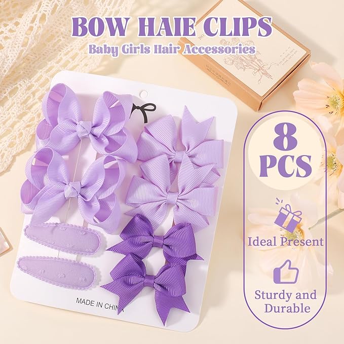choicbaby 8pcs Baby Girl Hair Bow Clips Set, Purple Toddler Hair Clips Boutique Grosgrain Ribbon Bow Hair Barrettes Accessories for Infant Toddler Kids