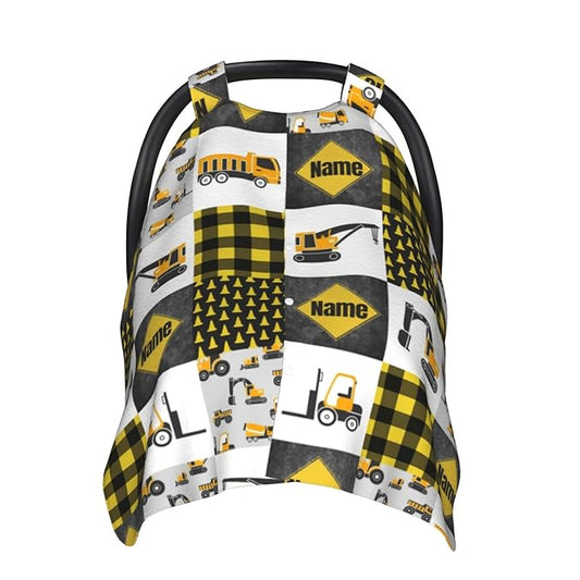 Personalized Constructions Baby Car Seat Canopy for Babies with Name, Custom Trucks Car Seat Covers for Boys, Peekaboo Opening Minky Nursing Cover Infant Car Seat Canopies for Newborn
