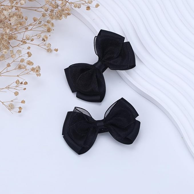 Tiny 3 Inch Organza Double Hair Bow Clips - Lined Boutique Alligator Hairpin for Baby Girls, Toddlers, and Little Teens - Kids Barrettes Set of 2 Small Stylish (Black)