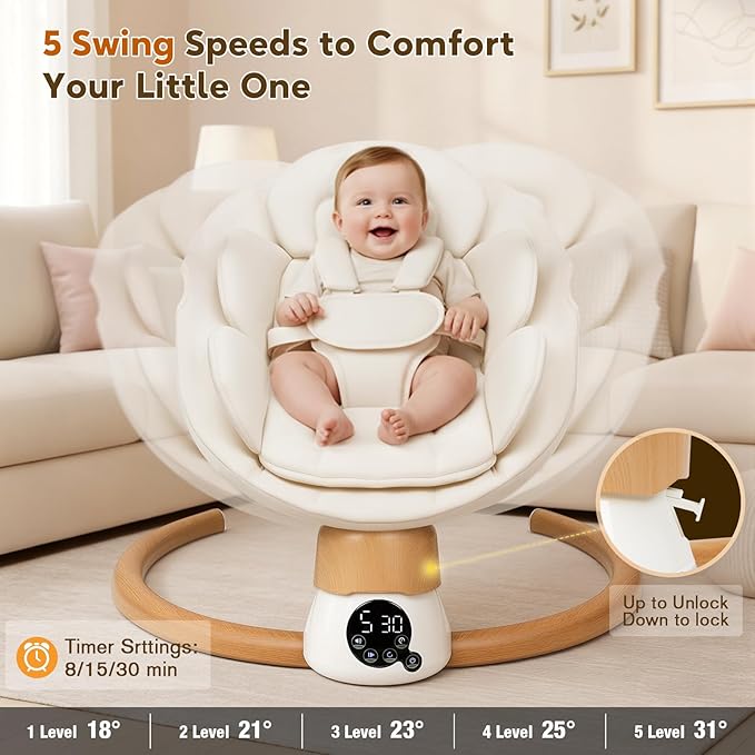 Baby Swings for Infants | Electric Portable Baby Swing with Bluetooth, 5 Swing Speed, 3 Timer Settings, 10 Lullabies, 5-Point Harness & Remote Control | Newborn Swing for Indoor & Outdoor (White)