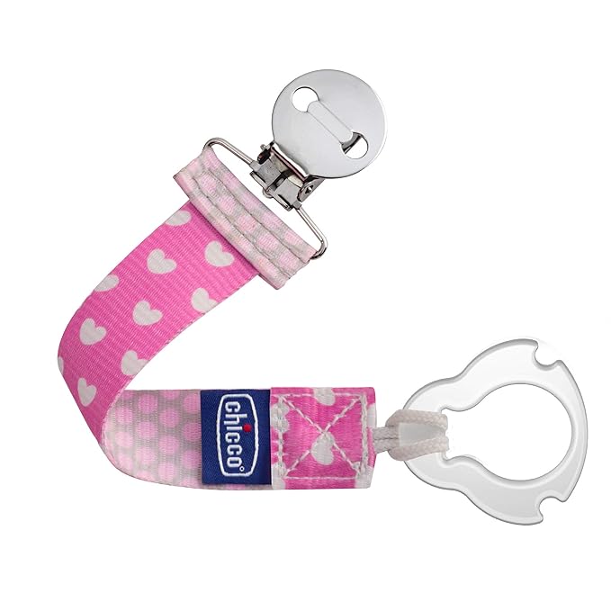 Chicco Two-in-One Pacifier Clip with Loop & Ring Attachment, Loop for Teethers and Small Toys, Ring Included for Knob-Style Pacifiers, Secure Clasp is Gentle on Clothing, One-Piece Design, Pink