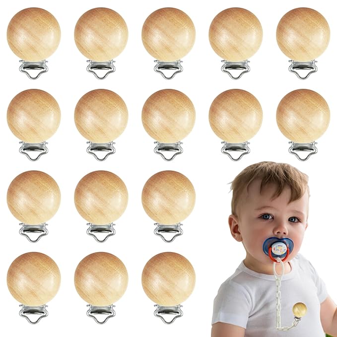 16 Pieces Wood Pacifier Clips Teething Grasping Toy Suspender Clips Natural Beech Wood Pacifier Clip Holder Charm DIY Pacifier Clips Chain Accessories