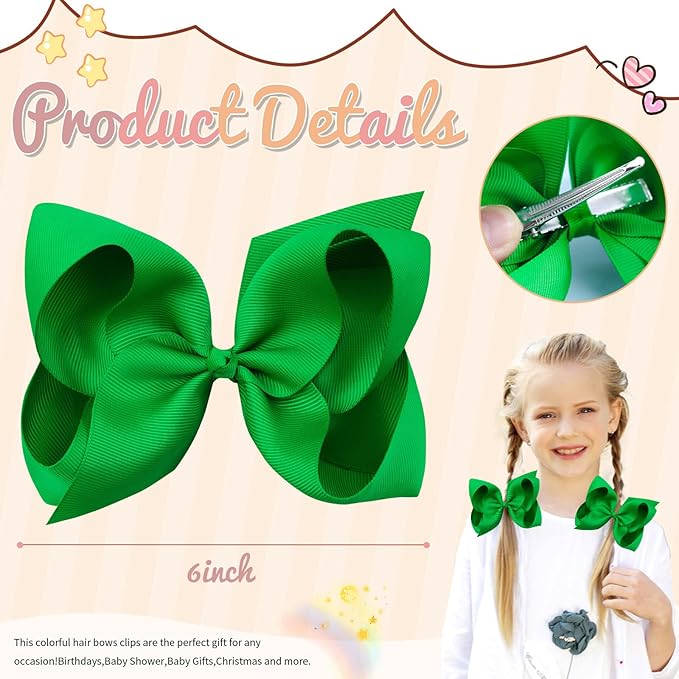 2PCS Oaoleer Green Layered Grosgrain Ribbon Hair Accessories - Alligator Clips and Barrettes for Baby Girls, Infants, Toddlers, Kids, and Teens (6inch-Type A, Green)