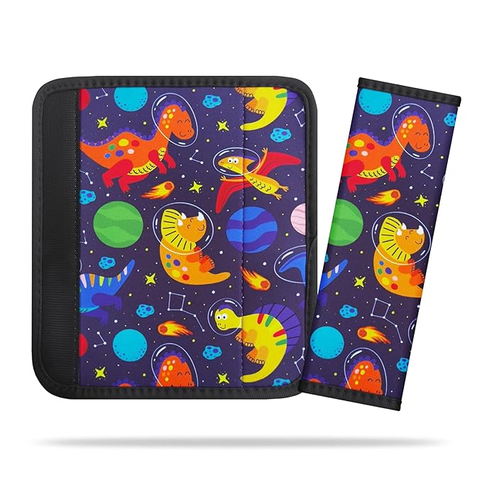 2Pack Seat Belt Cover for Kids, Cute Cartoon Pattern Car Seat Belt Pads Cover for Girls and Boys, Kid's Seat Belt Cushion, Shoulder Strap Pad (Space Dinosaur)