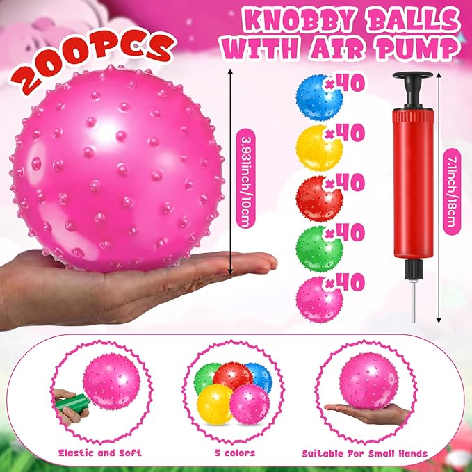 Lenwen 200 Pcs Kids Knobby Balls 3.9 Inch Soft Bouncy Balls Bulk for Toddlers Inflatable Sensory Toys with Air Pump Spiky Massage Stress Toys for Kindergarten Playground Backyard Pool, 5 Color