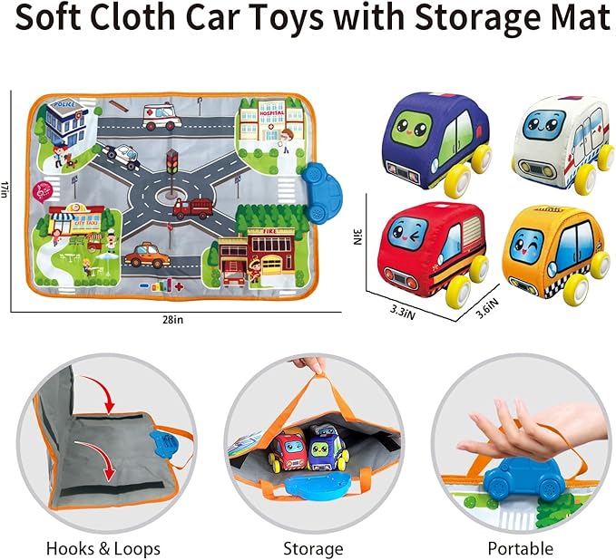 Soft Cars Toys with Voiced Playmat for One Year Old Toddler, Birthday Gifts for Infant 1 to 3 Years Boys and Girls, Musical Mat Easy Storage