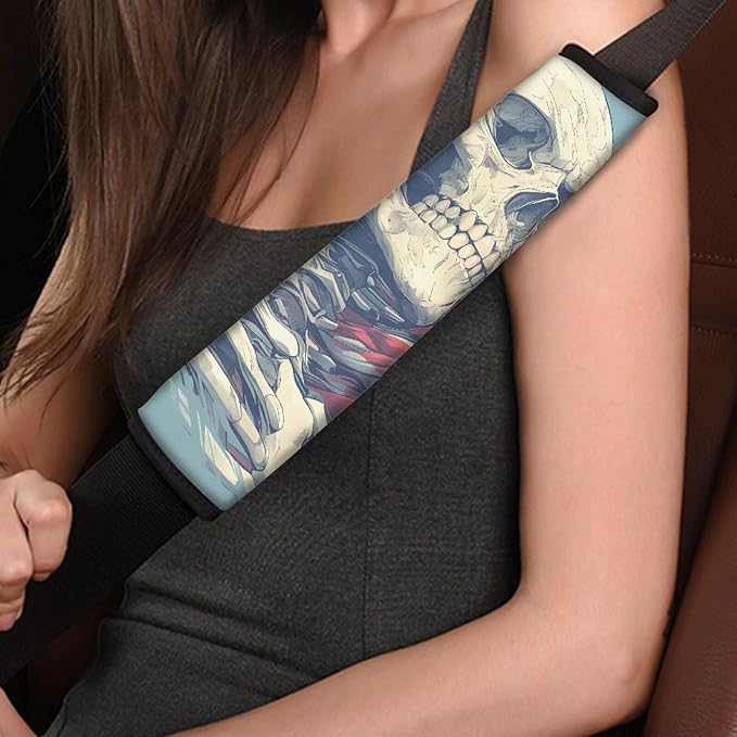 Gothic Skull Pattern Universal Car Interior Accessories Halloween Style Fit Car/Truck/SUV 2Pcs Car Seat Belt Strap Cover Skeleton Seat Belt Comfortable Soft Shoulder
