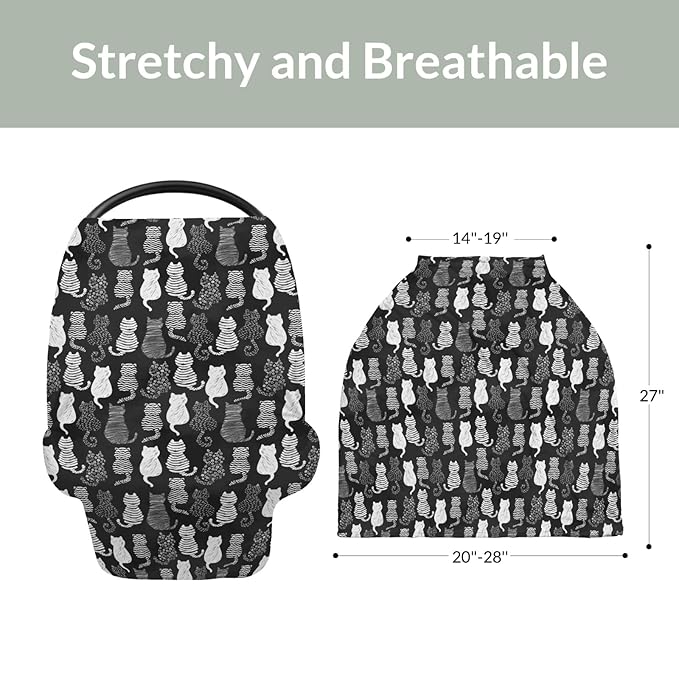 Stylish Cat Shapes Car Seat Cover for Babies Black and White Cat Stretchy 5-in-1 Covers Adjustable Car Canopy Cover Cats Lovers Gift Breathable Nursing Cover-Up