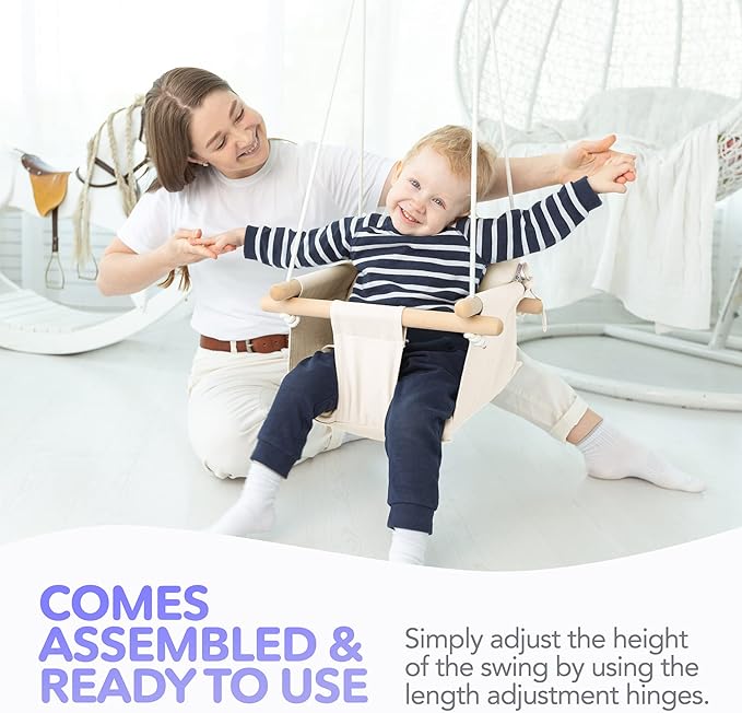 CaTeam - Canvas Baby Swing, Wooden Hanging Swing Seat Chair with Safety Belt, Durable Baby Swing Chair, Outdoor and Indoor Swing for Kids, Mounting Hardware Included, Ivory