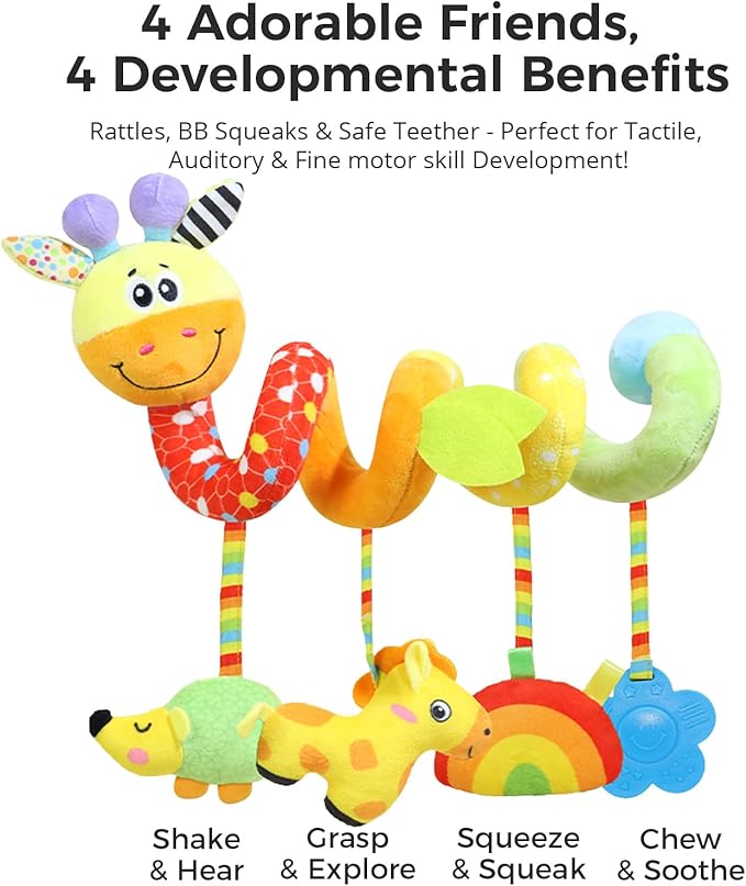 Carseat Toys Hanging for Babies 0-6-12 Months, Crib Toy Hanging Plush Spiral Car Seat Toy, with Rattle, Teether & Mirror, Stroller for Baby Boys & Girls, Infant Car Seat Toys
