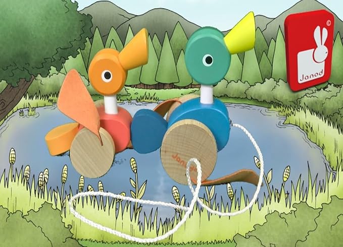 Janod Zigolos Pull Along Duck Family Early Learning and Motor Skills Toy with Flapping Feet Made of Beech and Cherry Wood for Ages 12 Months