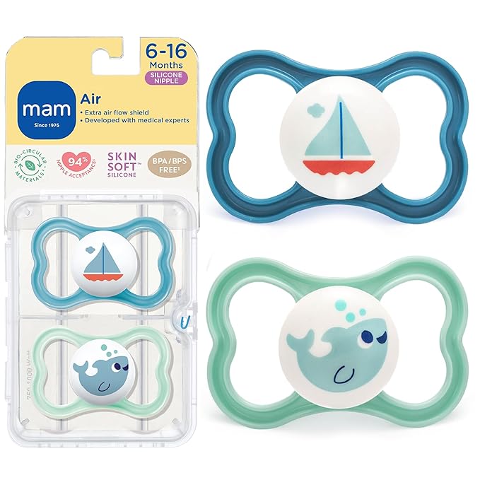 MAM Air Pacifier for Babies 6-16 Months, Extra Air Flow for Sensitive Skin, Developed with Medical Experts, BPA-Free Skin Soft Silicone, 2 Count, with Sterilizer Case, Made in Europe