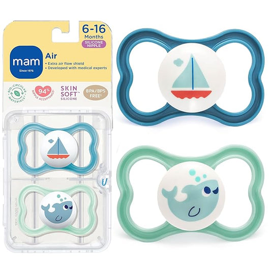 MAM Air Pacifier for Babies 6-16 Months, Extra Air Flow for Sensitive Skin, Developed with Medical Experts, BPA-Free Skin Soft Silicone, 2 Count, with Sterilizer Case, Made in Europe