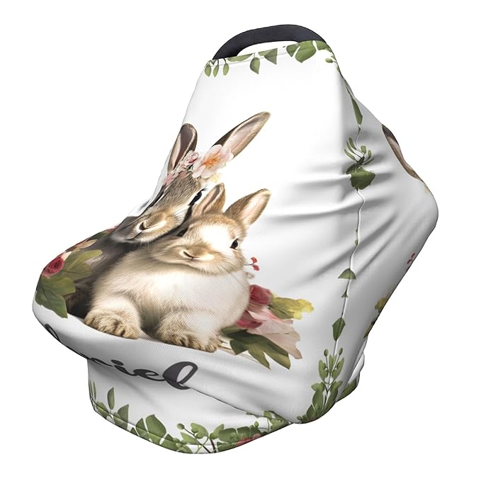 Personalized Car Seat Covers for Babies with Name – Multi-use Breastfeeding Cover Custom Rabbit Carseat Canopy Cover, Infant Stroller Covers for Boys and Girls