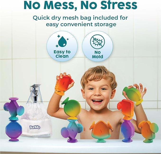 BUNMO Big Shapes Color-Changing Textured Suction Bath Toys for Toddlers 1–3 (10 Pack), Extra Large Silicone Bathtub Toys, BPA-Free Suction Cup Toys, Bath Toys for Kids Ages 1+, Sensory Bath Toys