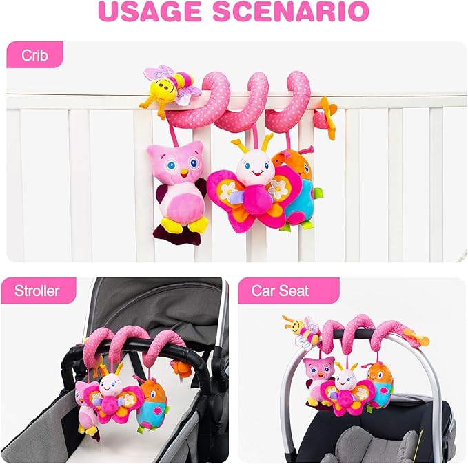 Jollybaby Crib Stroller Car Seat Toys for Baby 0-3-6-9-12 Months, Tummy Time Hanging Sensory Toys for Newborn with Music Box and Teether, Spiral Carseat Toy for Infant Boys Girls Gifts (13-Pink)