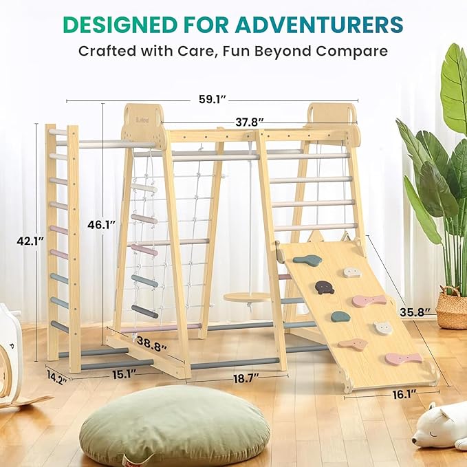 BlueWood Upgraded Indoor Jungle Gym 9-in-1 Playground Kids Climbing Toys, Waldorf Style Wooden Climber Playset with Slide, Swing, Monkey Bars, Upright/Rope Ladder, Climb Net, Pink