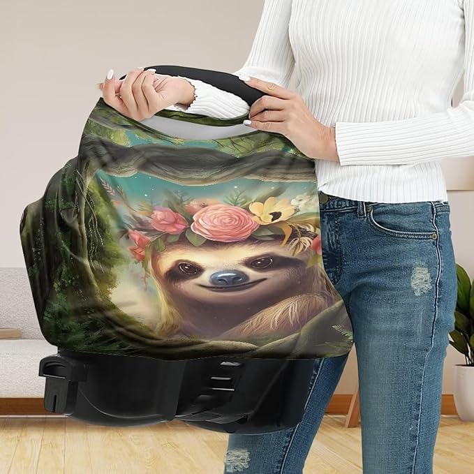 Wanyint Sloth Flower Stretchy Baby Car Seat Covers, Carseat Canopy, Baby Breastfeeding Stroller High Chair Shopping Cart Cover, Multi-Function Nursing Scarf, Infant Stroller Cover