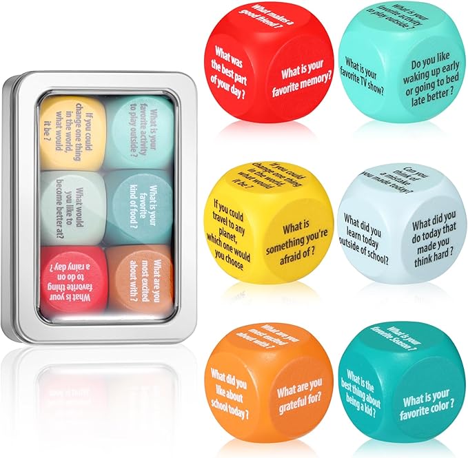 Simgoing 6 Pcs Conversation Cube Ice Breaking Supplies Table Talk Topic Cube Social Emotional Learning Activities Wood Conversation Starter Dice with Tin Box for Kid Counselor Therapist