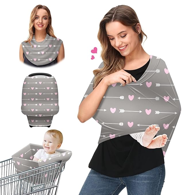 Baby Car Seat Stroller Covers White Arrows Pink Heart Grey Nursing Cover Breastfeeding Scarf Soft Breathable Stretchy Coverage Carseat Canopy Cover for Boys and Girls Soft Breathable Multi Use