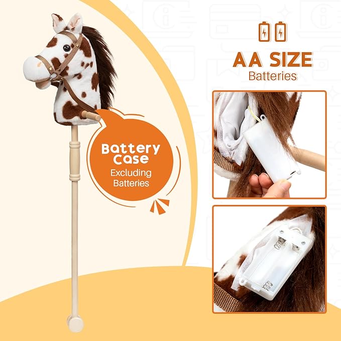 HollyHOME Stick Horse Plush Handcrafted Hobby Horse on a Stick with Wood Wheels Real Pony Neighing and Galloping Sounds for Kids Toddlers Appaloosa 36 Inches (AA Batteries Required)