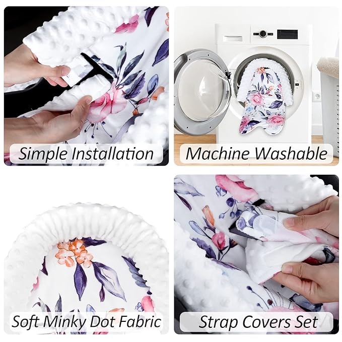 Pea Pod Baby Car Seat Head Support and Body Support with 2 Strap Covers, Ultra Soft Warm Minky Dot Fabric Backing, Baby Essential for Newborn, Stylish Floral Printed