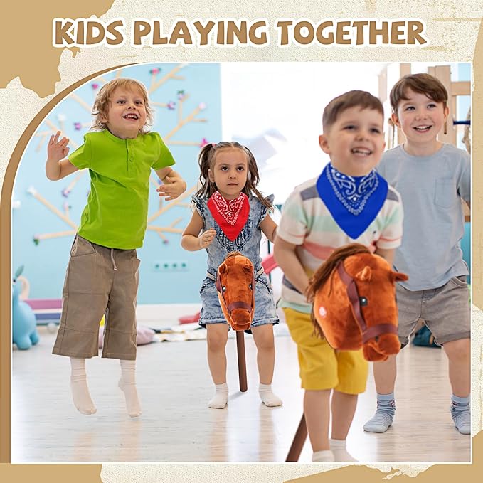 Poen 4 Pack Light Brown Horse Stick with Sound Red and Blue Bandana Set 27.6'' Toys Stick Horse Western Cowboy Bandana with Neighing Sound for Boys Girls Fun Pretend Games(Dark Brown)