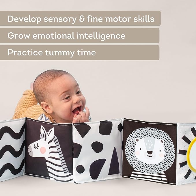 Taf Toys Newborn Soft Activity Book Black & White High Contrast Baby Book Infant Sensory Toys Tummy Time Soft Cloth Books for Babies Textured Fabric Crinkling Shapes Patterns 0-12 Months Newborn Toys
