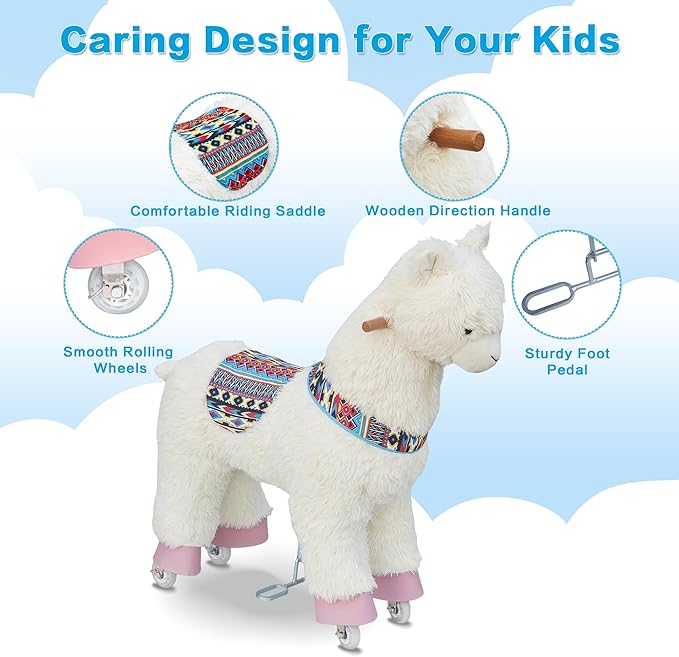 Ride on Alpaca Toys for Kids, Ride on Toy for 4 to 9 Years Old, 36.6'' Height Riding Horse Rider Mechanical Walking Action Plush Animal, No Battery or Electricity, Max Load 165LBS - White