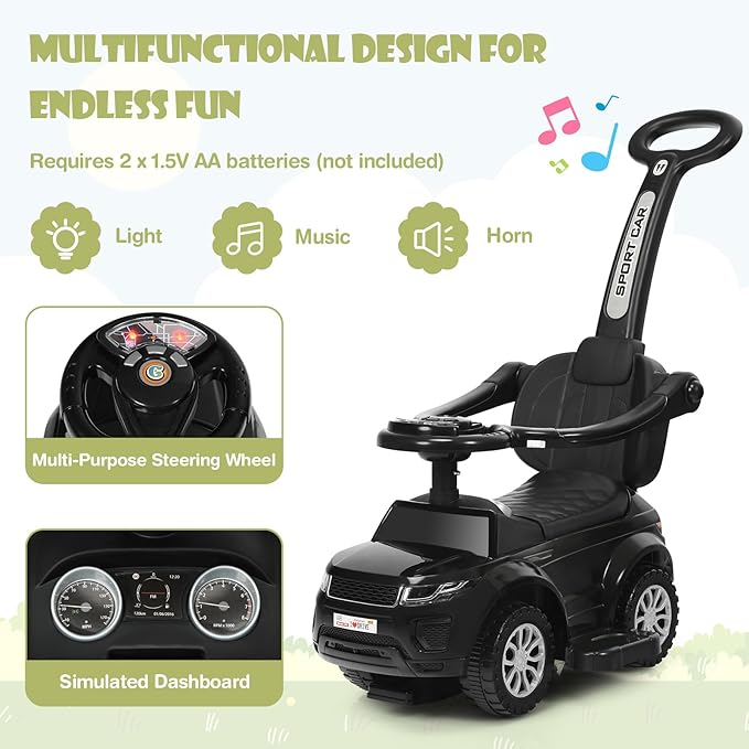GLACER Push Cars for Toddlers 1-3, 3-in-1 Kids Sliding Car with Detachable Guardrail, Horn, Music, Lights, Storage Box and Anti-Roll Design, Ride on Push Car for Boys Girls (Black)