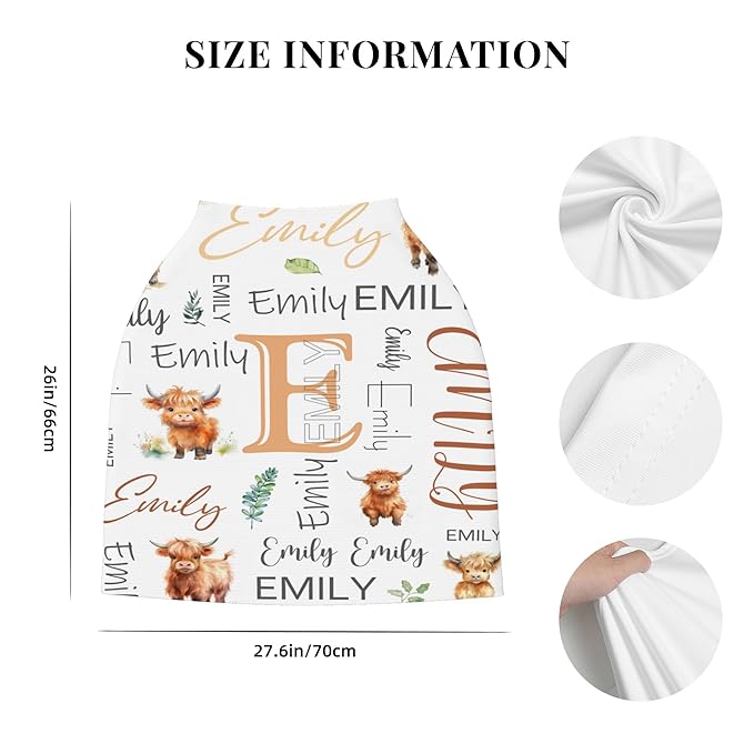 Personalized Car Seat Covers with Name, Highland Cow Baby Canopy Carrier Cover, Breathable Breastfeeding Nursing Cover, Stretchy Multi-Use Infant Carseat Stroller Cover