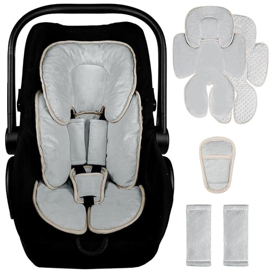 2 in 1 Infant Car Seat Insert Head and Body Support Set, Reversible Newborn Insert for Carseat with 3 Extra Strap Paddings, Soft Stroller Cushion Pillow Insert Girls, Fits for Stroller, Swing, Grey