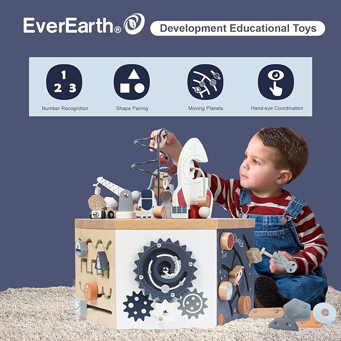 EverEarth Wooden Activity Cube with Bead Maze, Space Activity Cube for Toddlers 1-3 Girls Boys Multi Play Educational Learning Montessori Cube Toddler Toy Wood Shape Color Sorter - FSC Certified
