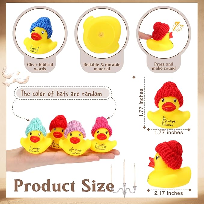 MiniInflat 24 Pcs Christian Mothers Gift Rubber Ducks Bulk with Bible Verses and Knit Hats Church Gifts Mini Religious Inspirational Duck Toys for Graduation Family Women Men Church Party (Yellow)