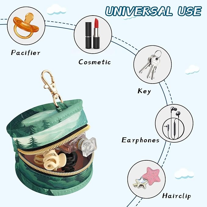 Pacifier Holder with Clip Pacifier Case for Diaper Bag Round Baby Pacifier Pouch Box Bag Portable Mountain Forest Trees Green 02